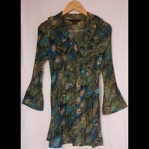 Hayley Matthew Green Peacock Print Tunic Blouse Size Small